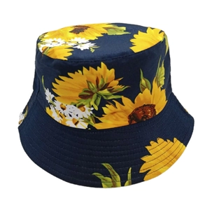 Close-up of cotton sun hat with sunflower print showing durable stitched brim details