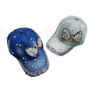 Women Denim Baseball Cap Sparkling Rhinestone Bow Knot Bling Distressed Cotton Adjustable Casual Glam Sun Hat Outdoor Accessories