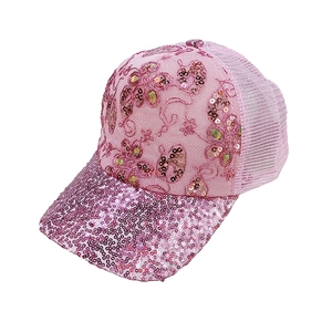 Pink sequin baseball cap with floral embroidery and breathable mesh back for women