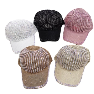 Women's Summer Breathable Mesh Knitted Baseball Cap With Sparkling Rhinestones Adjustable Outdoor Fashion Sun Hat