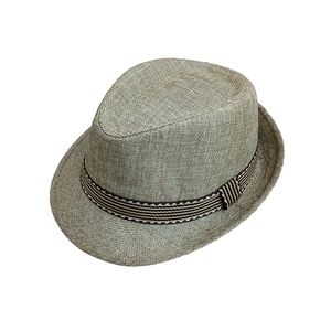 Classic khaki straw fedora hat for kids with striped band for summer beach outings