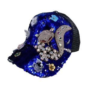 Navy blue sequin baseball cap with rhinestone squirrel and 3D floral accents