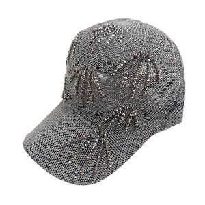 Grey knitted baseball cap with sparkling rhinestone leaf patterns and hollow mesh design
