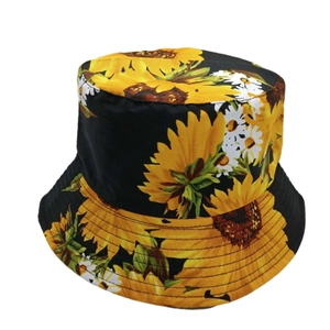 Double-sided cotton bucket hat with sunflower and daisy print for sun protection