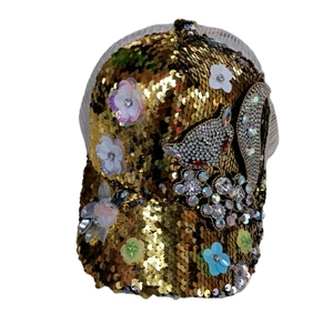 Detail of sequins baseball cap with rhinestones fox head and 3D floral accents