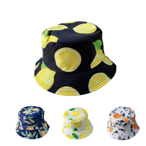 Women Summer Tropical Fruit Print Bucket Hat Cotton Sun Protection Fisherman Cap Lemon Orange Pattern Outdoor Travel Beach