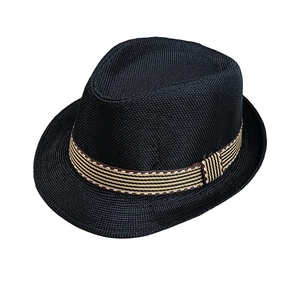 Detail of black woven straw fedora hat featuring a stylish striped band for kids
