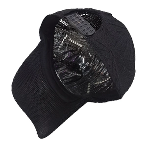 Detail view of black mesh baseball cap showing breathable texture and snapback strap