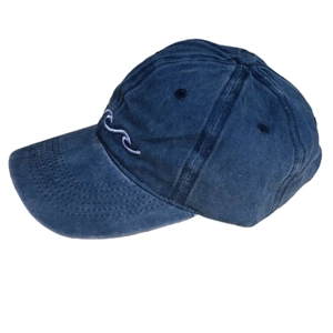 Navy blue washed cotton baseball cap with white wave embroidery in a classic retro style