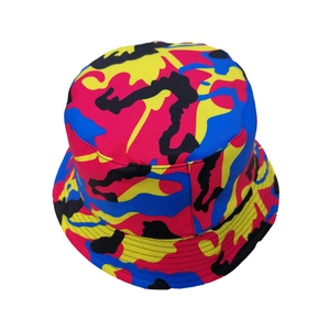 Detail of colorful camo bucket hat showing durable fabric and stitched brim lines
