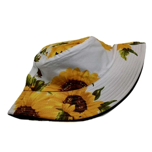 Double-sided cotton sun hat with vibrant sunflower print for casual summer protection
