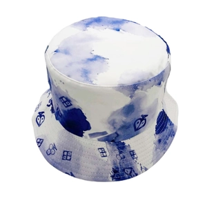 Blue and white tie-dye bucket hat with heart pattern for outdoor sun protection