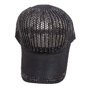 Breathable knit baseball cap for women with luxury rhinestones and mesh design in black