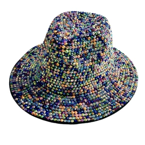 Handcrafted fedora hat with rainbow rhinestones for stage performance and parties