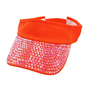 Détail d'une visière pare-soleil orange vif avec strass roses et fermeture velcro réglable