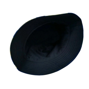 Interior view of navy blue fabric bucket hat showing inner lining and stitch details
