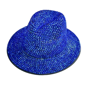 Classic royal blue fedora hat for women and men featuring full blue rhinestone embellishments