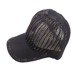 Women's black knitted baseball cap with sparkling rhinestones and mesh design