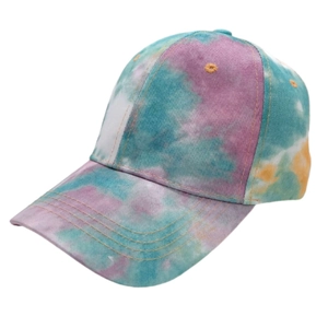 Detailed side view of tie-dye cotton baseball cap in vibrant pink and purple tones
