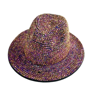 Detailed macro view of vibrant AB rhinestones on the wool fedora jazz hat surface