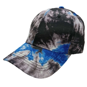 Detail view of tie-dye baseball cap with reinforced stitching on curved brim
