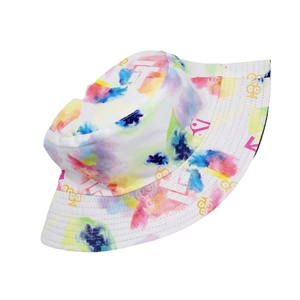Fashionable tie-dye bucket hat with watercolor ink pattern and geometric embroidery