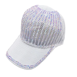 White knitted mesh baseball cap with sparkling rhinestones for summer sun protection
