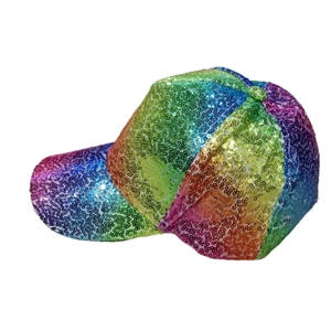 Close-up of vibrant rainbow sequins and stitching details on a curved brim baseball cap
