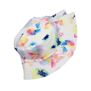 Detailed macro view of tie-dye bucket hat featuring vibrant watercolor abstract art prints