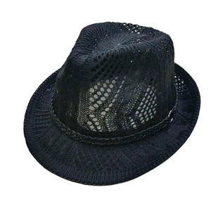 Classic black knitted fedora hat for men featuring breathable hollow mesh for summer sun protection