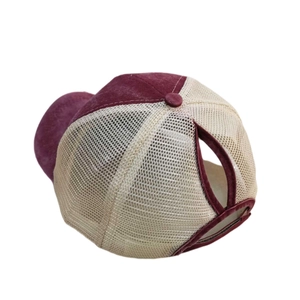 Detail of burgundy ponytail mesh baseball cap with back opening for long hair