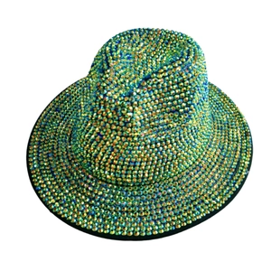 Close-up of rainbow rhinestones on a vintage Fedora hat for stage and party
