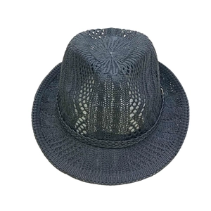 Classic black woven fedora sun hat with vintage textured knit and decorative band
