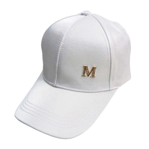 Minimalist white satin baseball cap with a gold rhinestone M emblem for women