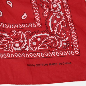 Dettaglio di bandana rossa paisley con trama di tessuto in cotone di qualità