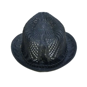 Detail showing breathable black hollow crochet knit and decorative band on fedora hat