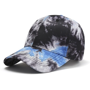 Unisex 6-panel baseball cap with stylish black and blue tie-dye pattern on white background