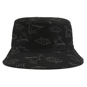Black canvas bucket hat with white dinosaur print and ROARR text for sun protection