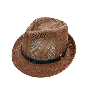 Brown breathable woven straw fedora hat with mesh design and silver ring buckle