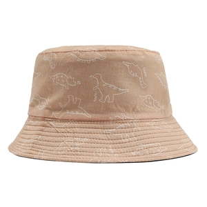 Kids khaki cotton sun hat with white dinosaur patterns and wide brim for sun protection