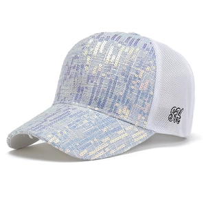 Light blue sequin baseball cap for women with breathable mesh and SH embroidery detail