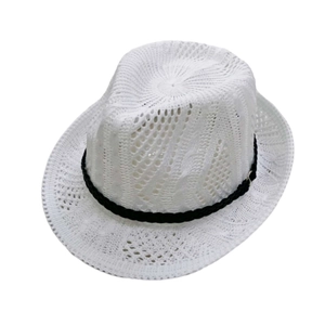 Detail of white hollow-out knit fedora hat featuring black woven leather band trim