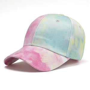 Pastel tie-dye baseball cap in pink, yellow and blue hues on a clean white background