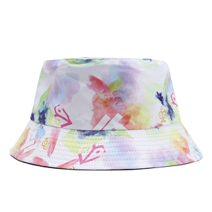 Women Fashion Tie-Dye Cotton Bucket Hat Artistic Watercolor Print Foldable Outdoor Summer Sun Protection Fisherman Cap Top