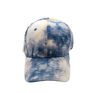 Detail of multi-color tie-dye baseball cap with reinforced stitched brim and six panels