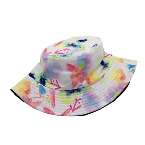 Fashionable bucket hat featuring vibrant pastel tie-dye print and street style patterns