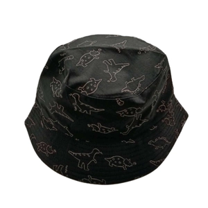 Detail of black sun hat featuring white dinosaur line drawings and Roar text prints