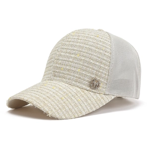 Women Tweed Mesh Patchwork Baseball Cap Breathable Sun Protection Hat With Rhinestone Metal Letter Decoration Fashion Peak Cap
