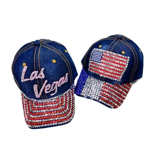 USA Flag Rhinestone Denim Baseball Cap For Men Women Las Vegas Letter Sparkling Denim Hat Adjustable Sunshade Peaked Cap Fashion Headwear