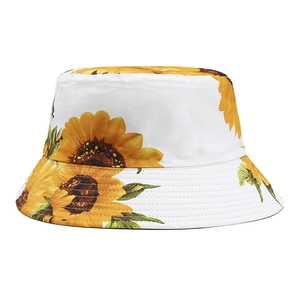 Chapeau bob réversible pour femme avec imprimé tournesols jaunes sur toile blanche